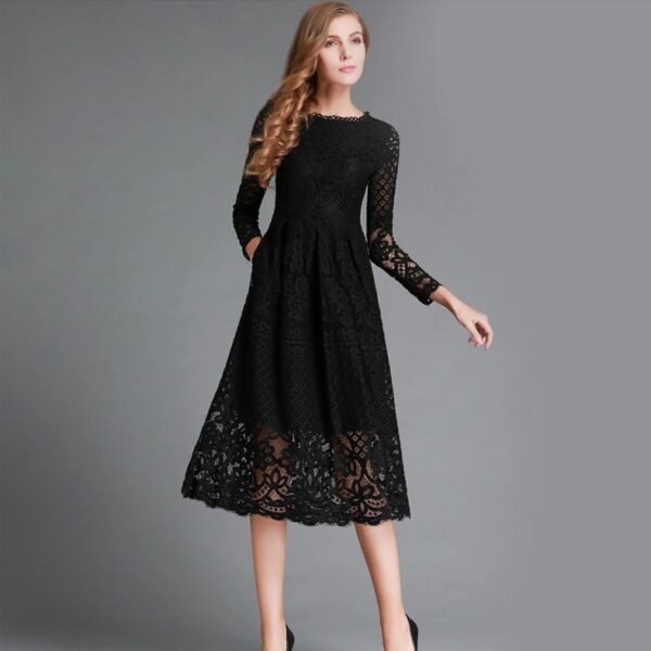 Autumn New Women's Clothing Dress Round Neck Hollow Simple Lace Long Sleeve Slim Midi Dress - Image 3