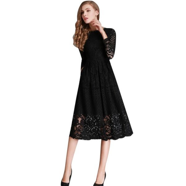 Autumn New Women's Clothing Dress Round Neck Hollow Simple Lace Long Sleeve Slim Midi Dress - Image 5