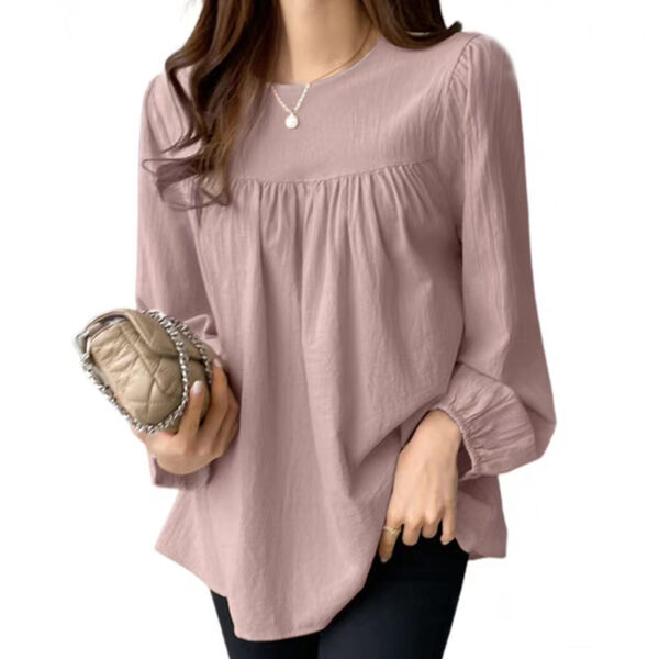 Spring And Autumn  European And American Clothing Solid Color Loose Round Neck Large Size Shirt - Image 2