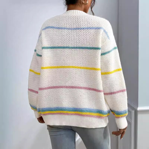 Autumn And Winter Rainbow Strip Knitted Cardigan Cross-border Foreign Trade Women's Sweater Fashion Loose Casual All-match Knitted Sweater Jacket - Image 2