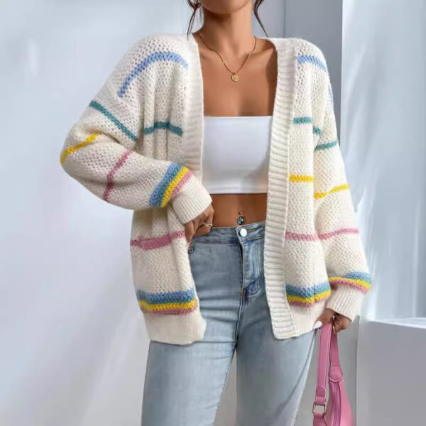 Autumn And Winter Rainbow Strip Knitted Cardigan Cross-border Foreign Trade Women's Sweater Fashion Loose Casual All-match Knitted Sweater Jacket