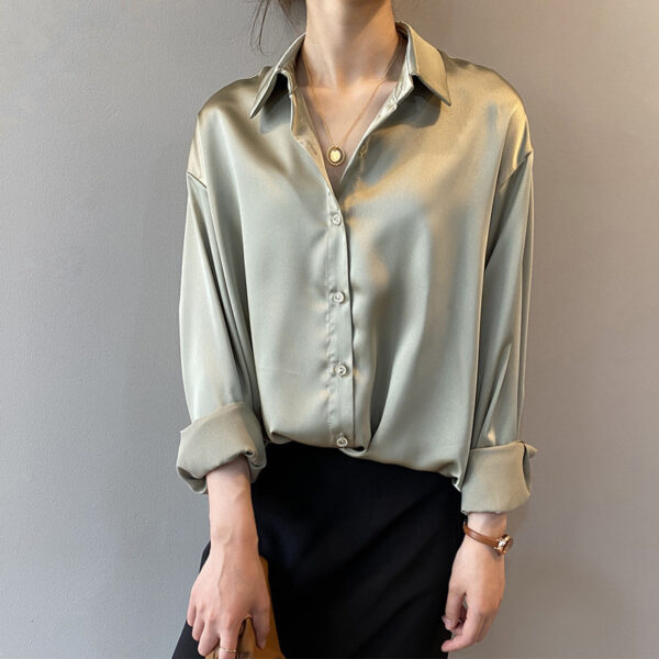 Autumn Fashion Button Up Satin Silk Shirt Vintage Blouse Wom - Image 3