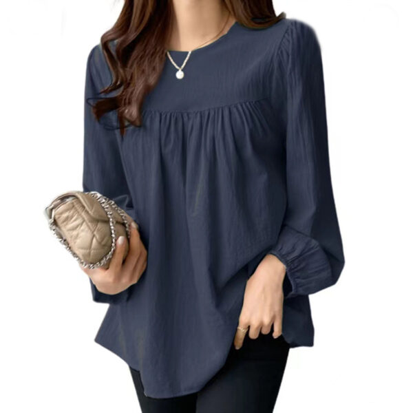 Spring And Autumn  European And American Clothing Solid Color Loose Round Neck Large Size Shirt - Image 3