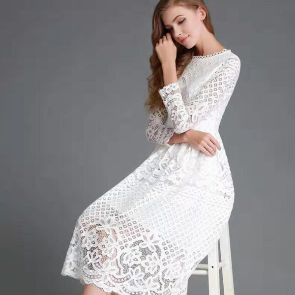 Autumn New Women's Clothing Dress Round Neck Hollow Simple Lace Long Sleeve Slim Midi Dress - Image 4