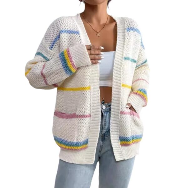 Autumn And Winter Rainbow Strip Knitted Cardigan Cross-border Foreign Trade Women's Sweater Fashion Loose Casual All-match Knitted Sweater Jacket - Image 5