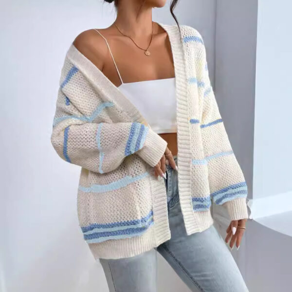 Autumn And Winter Rainbow Strip Knitted Cardigan Cross-border Foreign Trade Women's Sweater Fashion Loose Casual All-match Knitted Sweater Jacket - Image 4