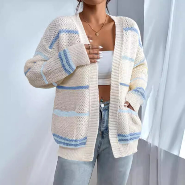 Autumn And Winter Rainbow Strip Knitted Cardigan Cross-border Foreign Trade Women's Sweater Fashion Loose Casual All-match Knitted Sweater Jacket - Image 3